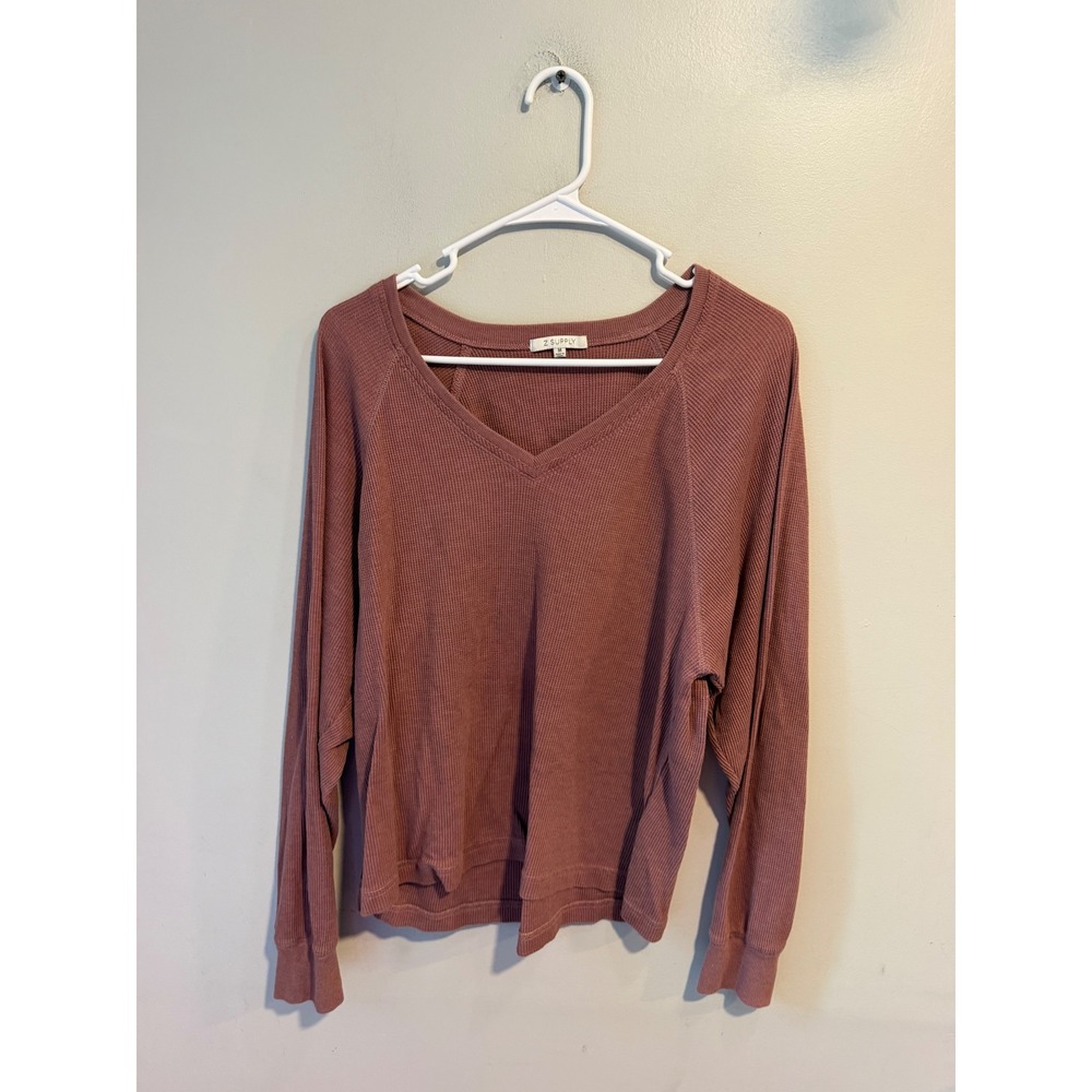 Z Supply Women Mauve Waffle Knit V-Neck Thermal Long Sleeve Top Size M